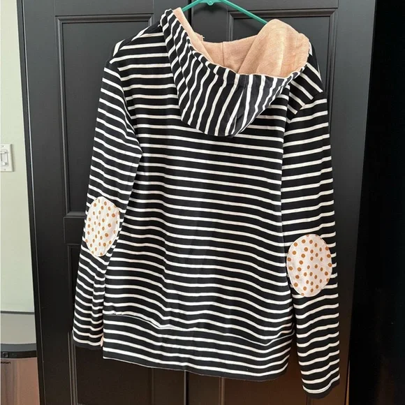 AMPERSAND AVE Black and White Striped Women's Hoodie with brown polka dot patch - Picture 3 of 3